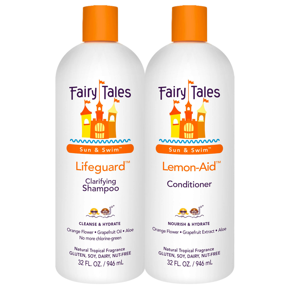 Fairy Tales Sun y Swim Champú para niños, frente de la botella, combate cloro y sales.