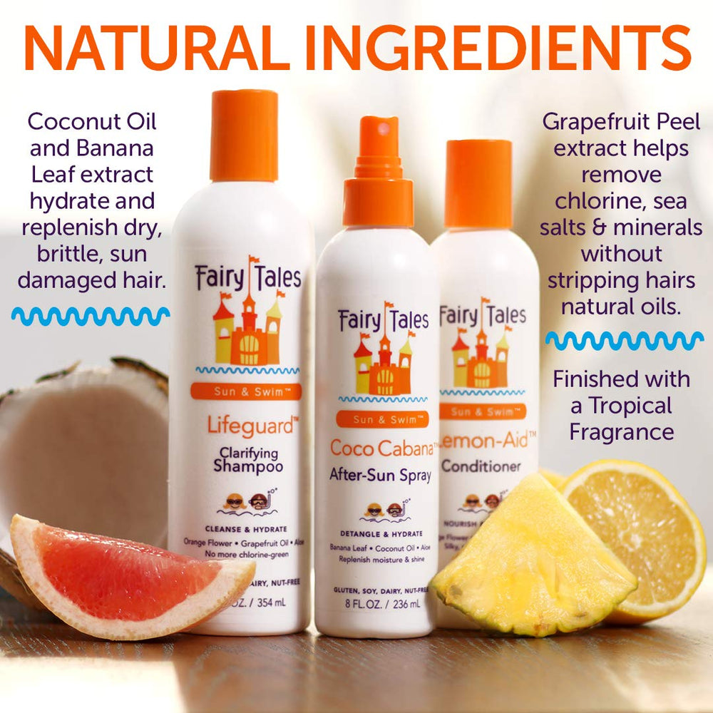 Etiqueta de Fairy Tales Sun y Swim con ingredientes naturales visibles.