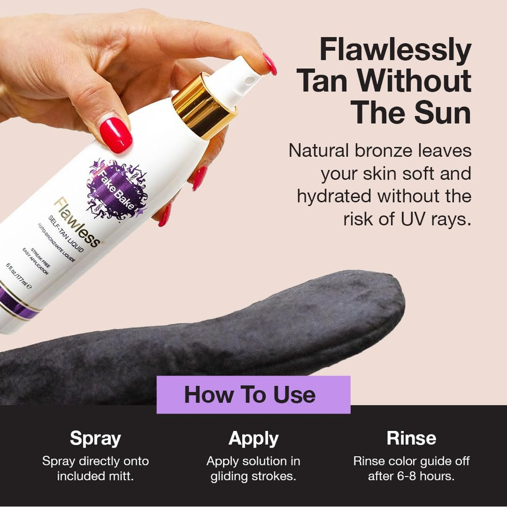 Fake Bake Flawless: guía de color en envase para aplicación precisa.