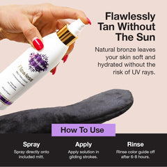 Fake Bake Flawless: guía de color en envase para aplicación precisa.