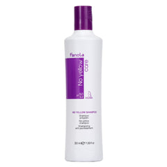 Fanola No Yellow: botella frontal con champú morado para neutralizar tonos amarillos.