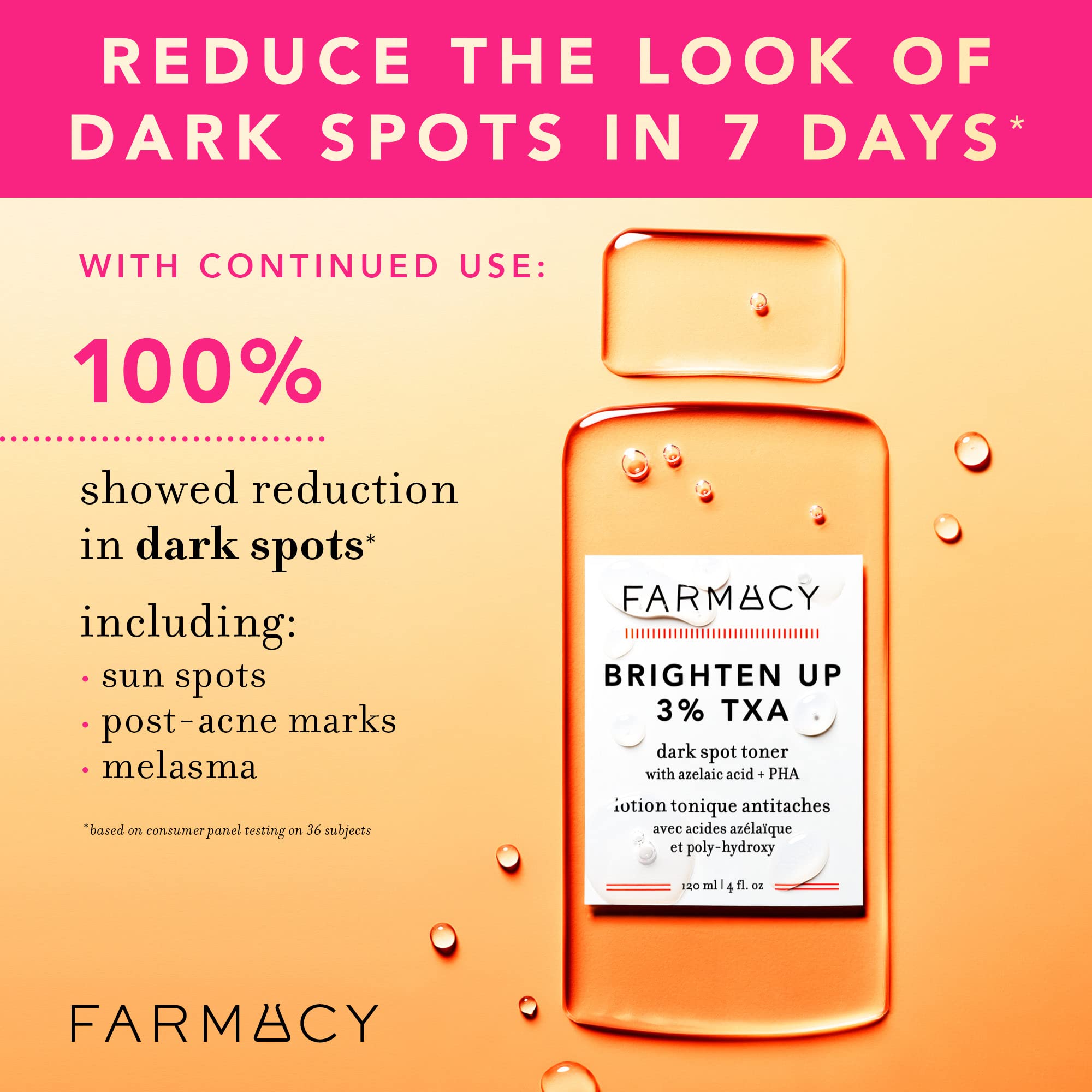 Farmacy tónico 3% TXA, aplicación suave en la piel para tono uniforme.