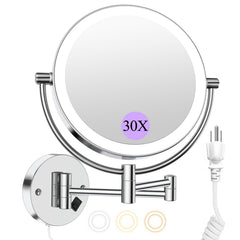 FASCINATE wall mounted mirror with 30X magnification on one side for precise makeup detail