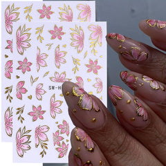 Decal uña FBABFBUO flor rosada y pétalos, ideal para uñas naturales