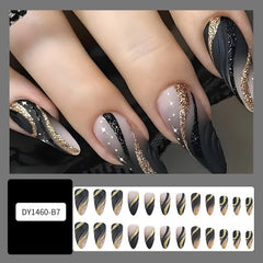 Uñas FIEONCIY almendra media con diseño dorado para eventos.