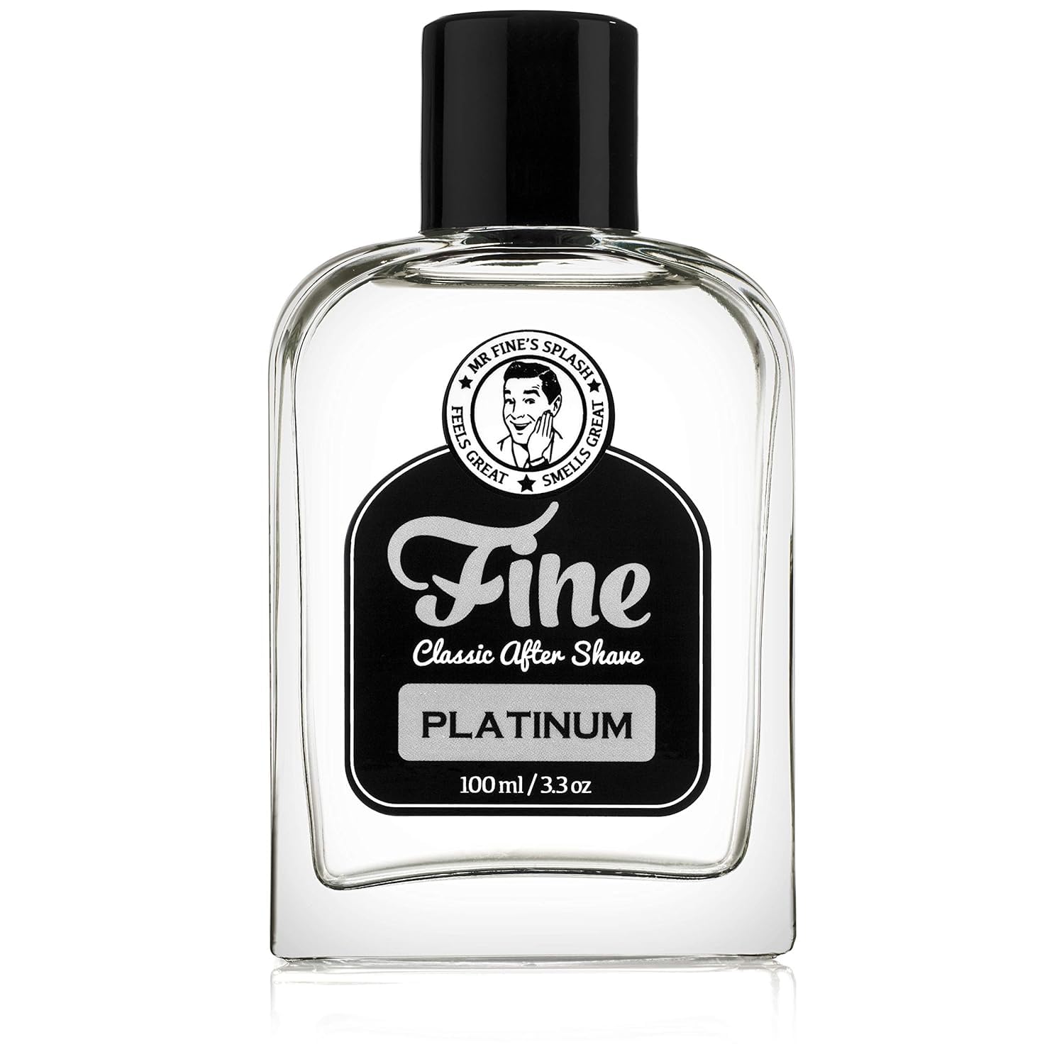 Mr. Fine Aftershave Platinum, botella elegante para una sensación fresca tras el afeitado.