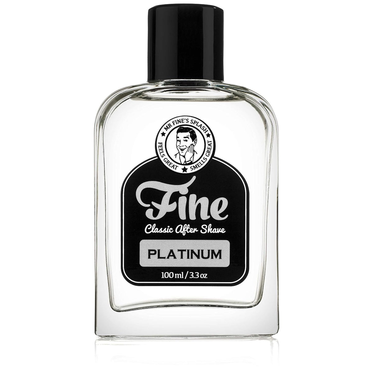 Mr. Fine Aftershave Platinum, botella elegante para una sensación fresca tras el afeitado.