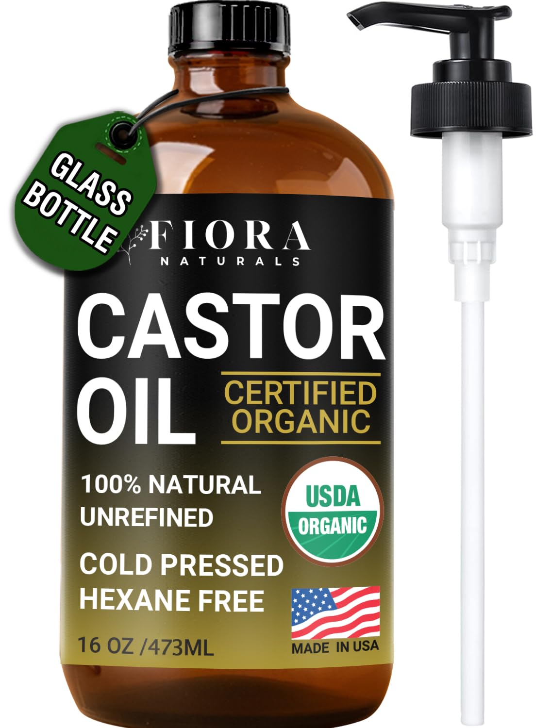 Fiora Naturals aceite de ricino orgánico en botella de cristal para hidratación