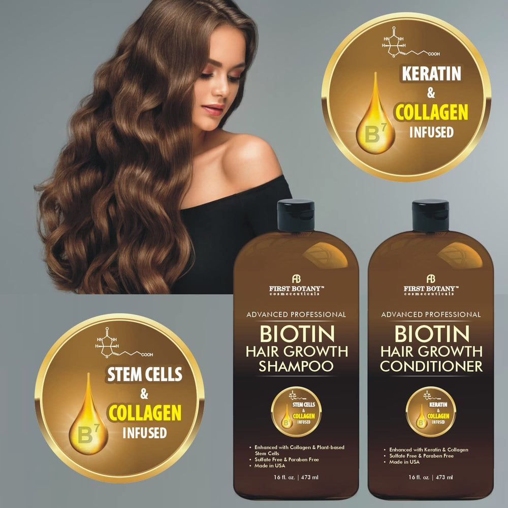 First Botany Biotina Shampoo, ingredientes clave como keratina y coco para nutrición.
