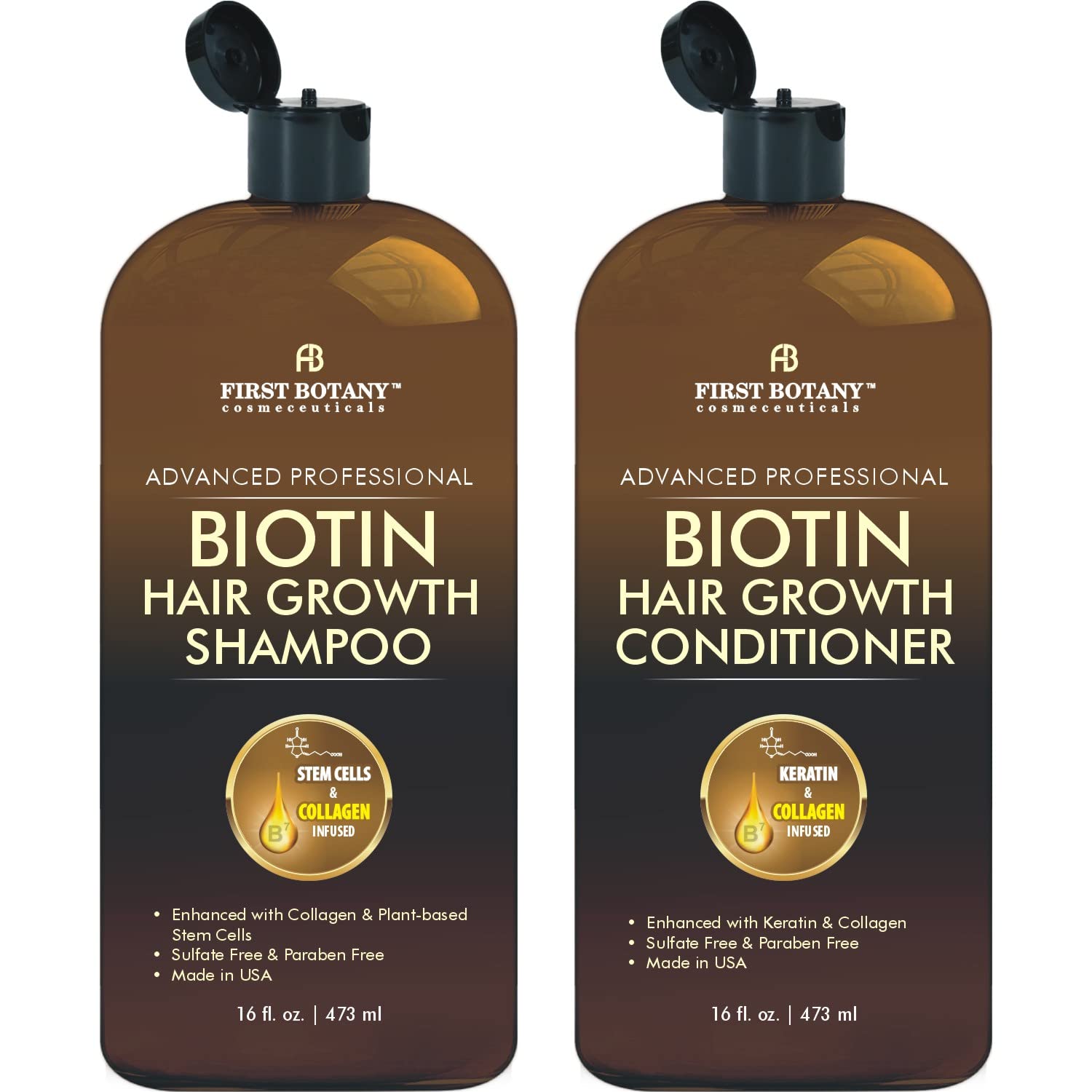 First Botany Biotina Shampoo, botella derramando, limpieza suave y fortalecimiento percibido.