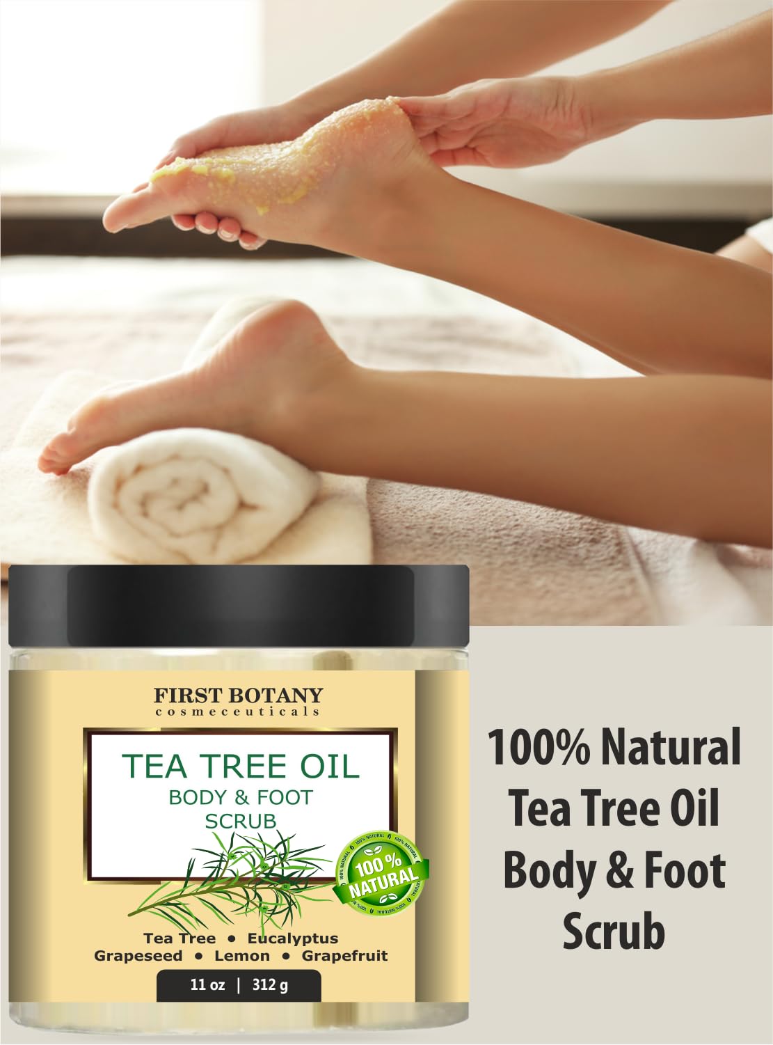 First Botany exfoliante corporal natural, limpia la piel y aporta brillo suave.