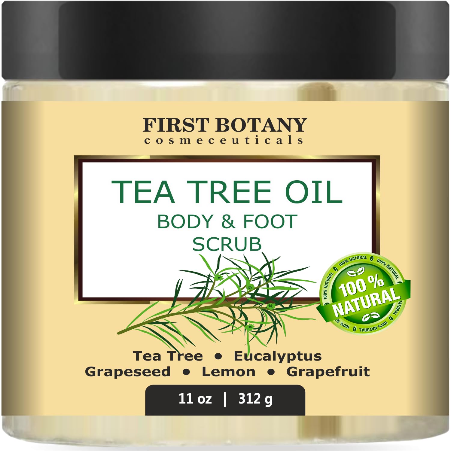First Botany exfoliante natural para pies con árbol de té, suaviza callos y deja frescura.