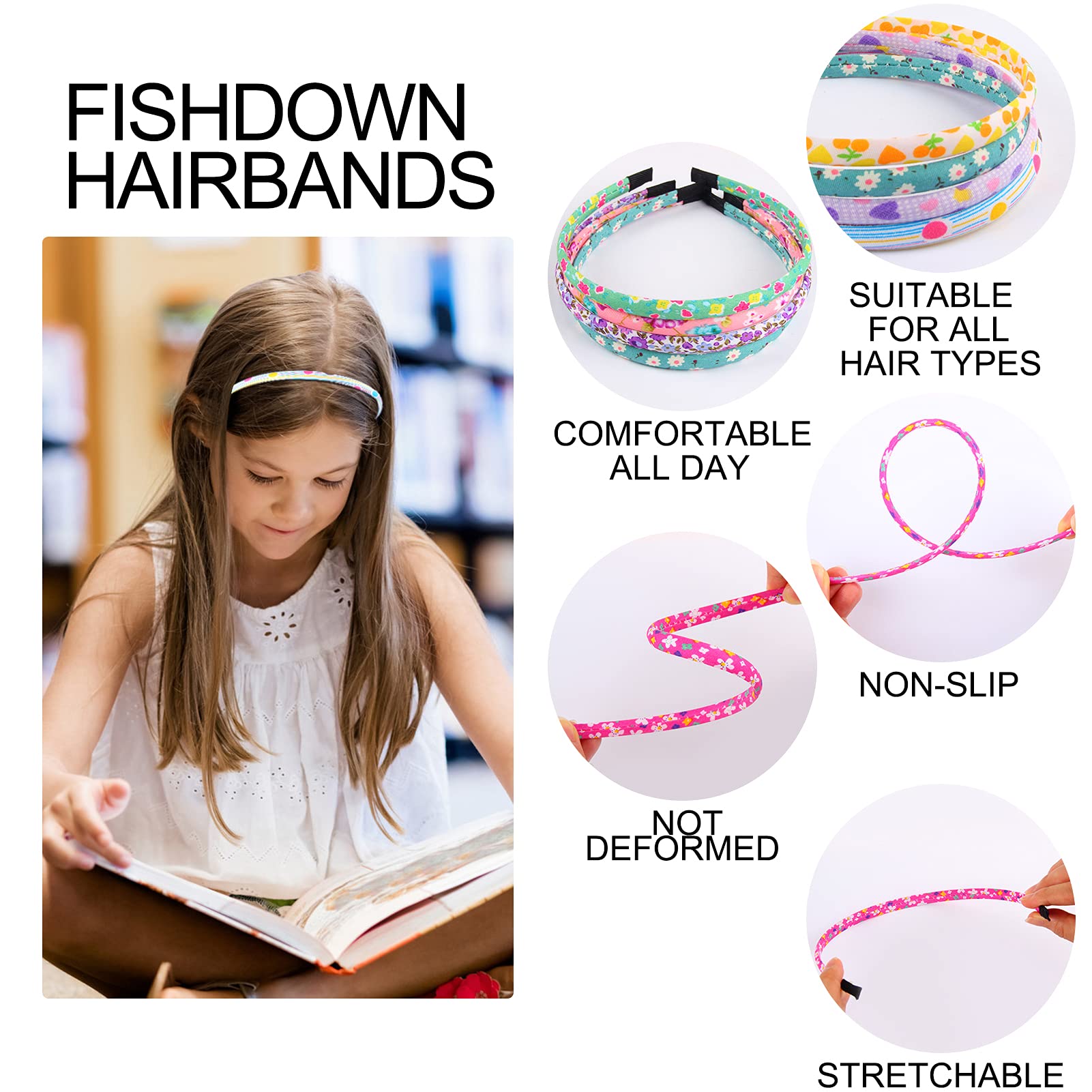 Diademas Fishdown para niñas con patrones diferentes, opción divertida para atuendos.