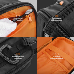 Fitdom Dopp Kit con paneles MOLLE para accesorios y herramientas fáciles de alcanzar.