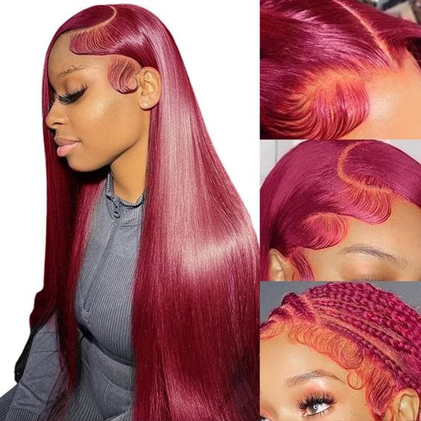 Peluca Burgundy de Fiumer con frontal transparente de 28 pulgadas para aspecto natural.