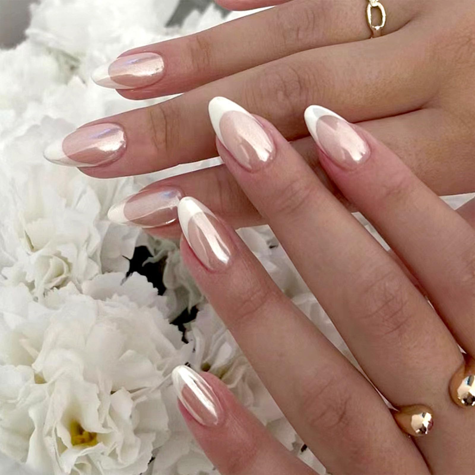 FJSMTOPL uñas almendra francesas con diseño, ideal para looks elegantes y duraderos.
