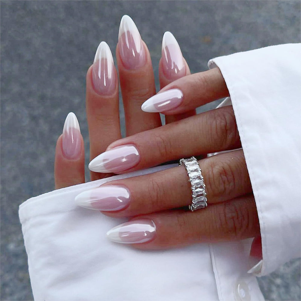 FJSMTOPl uñas postizas forma almendra Francesa con cromo para acabado elegante.