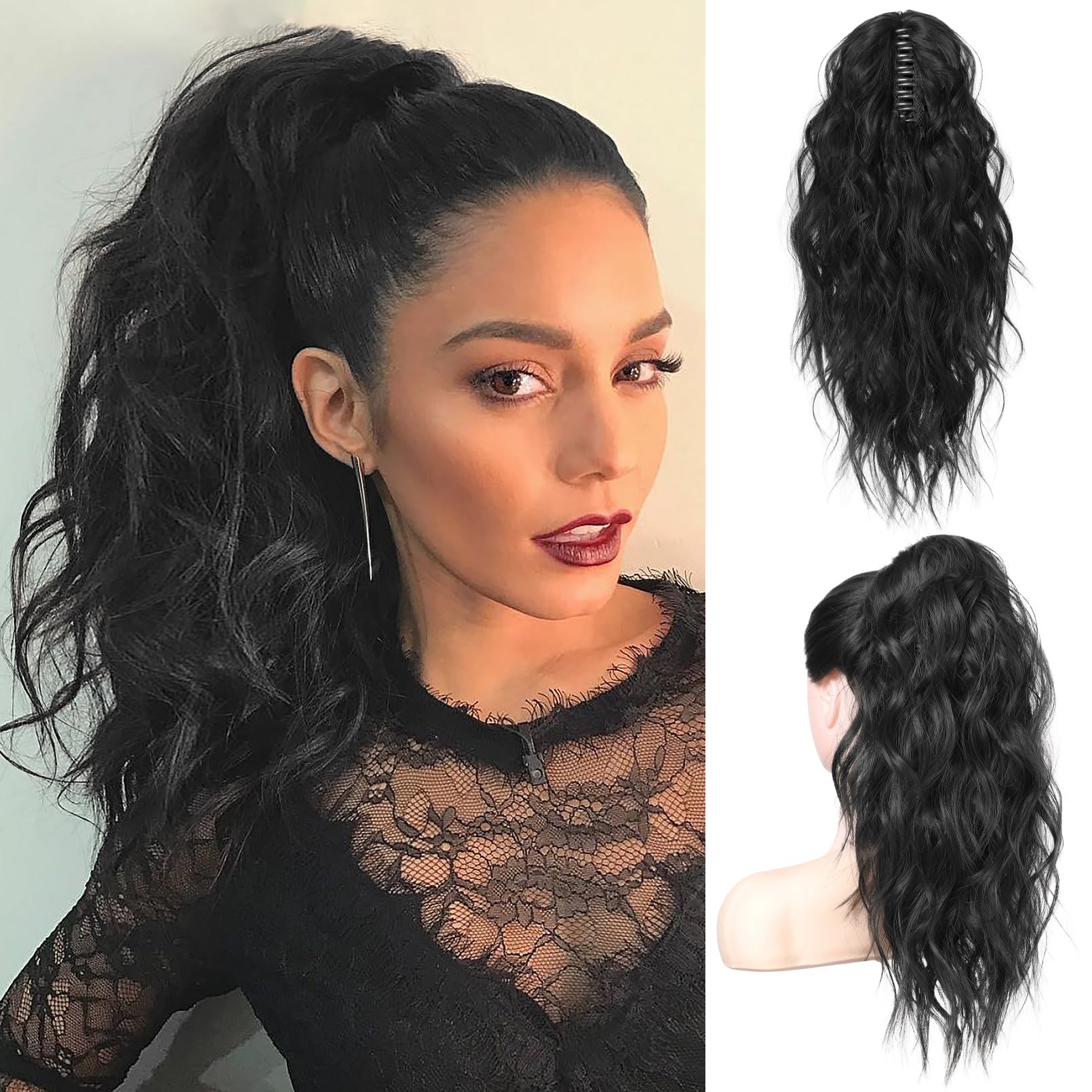 Extensión Flufymooz de cola con pinza, ondulado natural negro, para uso diario.