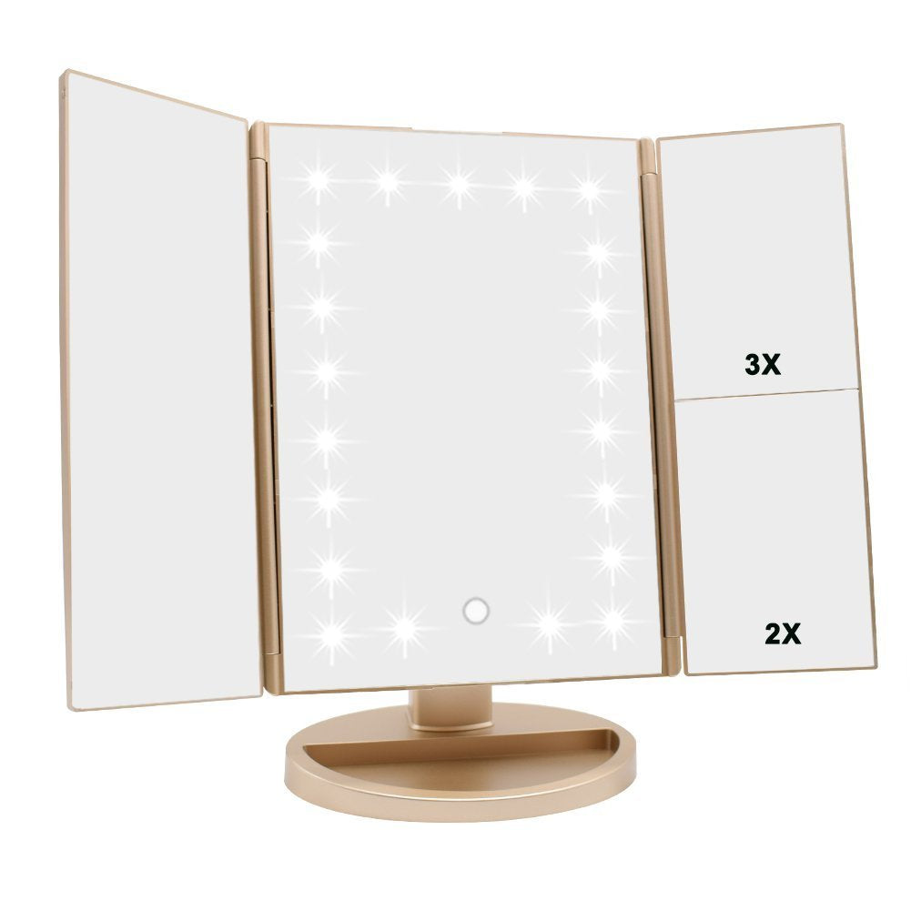 Flymiro espejo de tres paneles con luces para maquillaje preciso y visión amplia