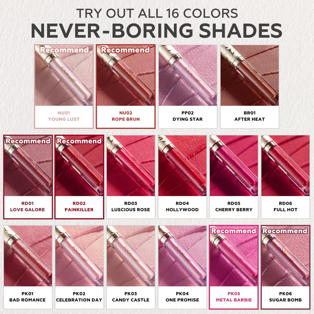 FOCALLURE labial metálico, versátil como sombra de ojos para look coordinado.