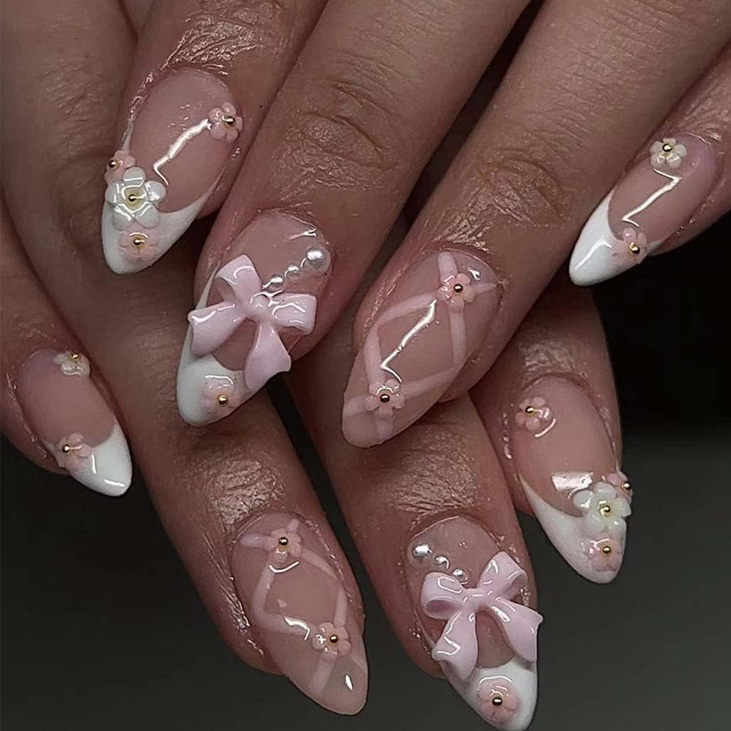 Foccna Uñas postizas Frances rosadas con brillos para ocasiones