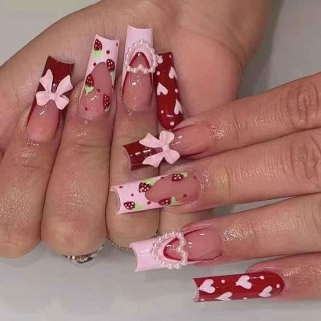 Uñas Foccna postizas largas con cristales rosa para un look glamuroso
