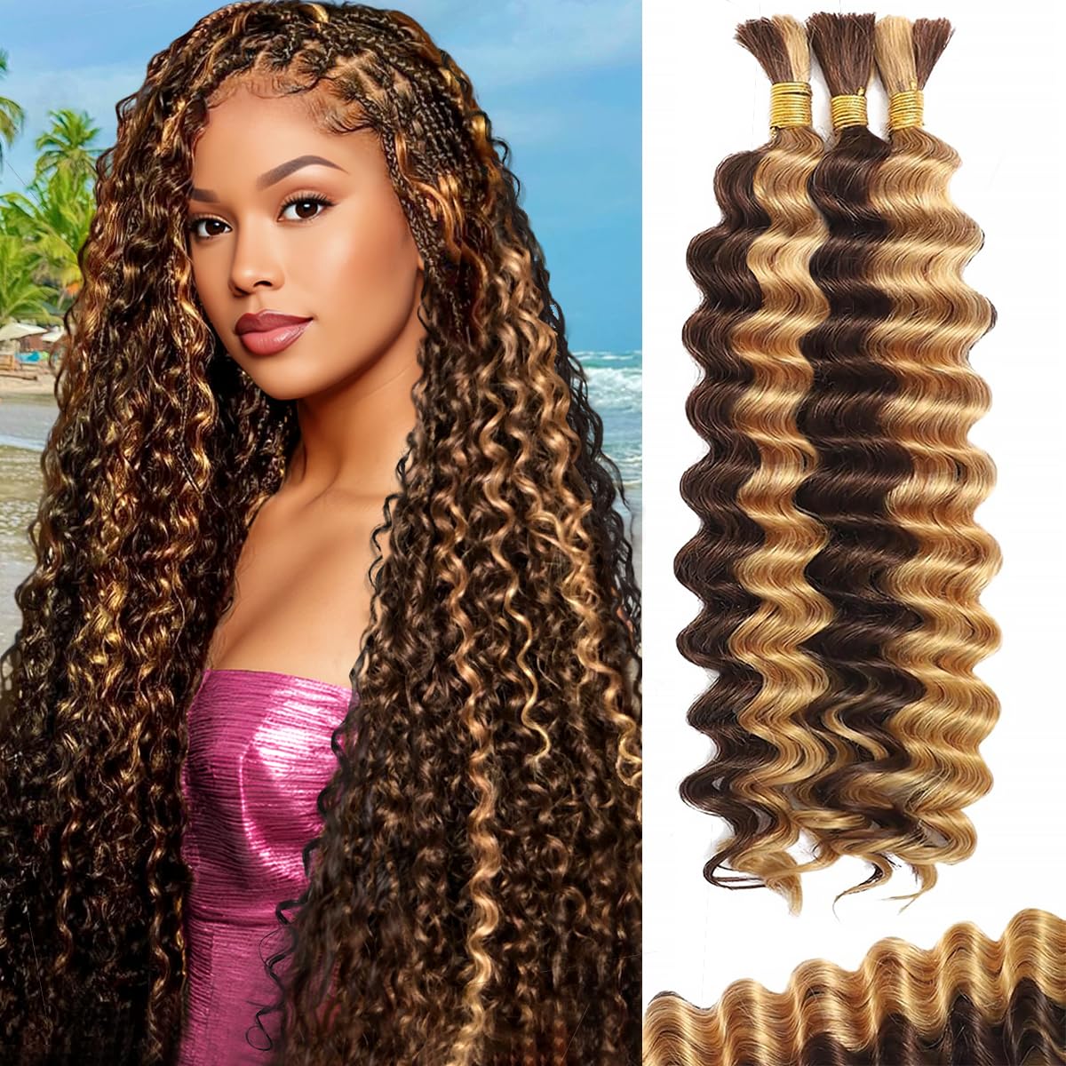 Pelo FONFUNY humano boho para trenzas balayage, 20 pulgadas, brillo natural