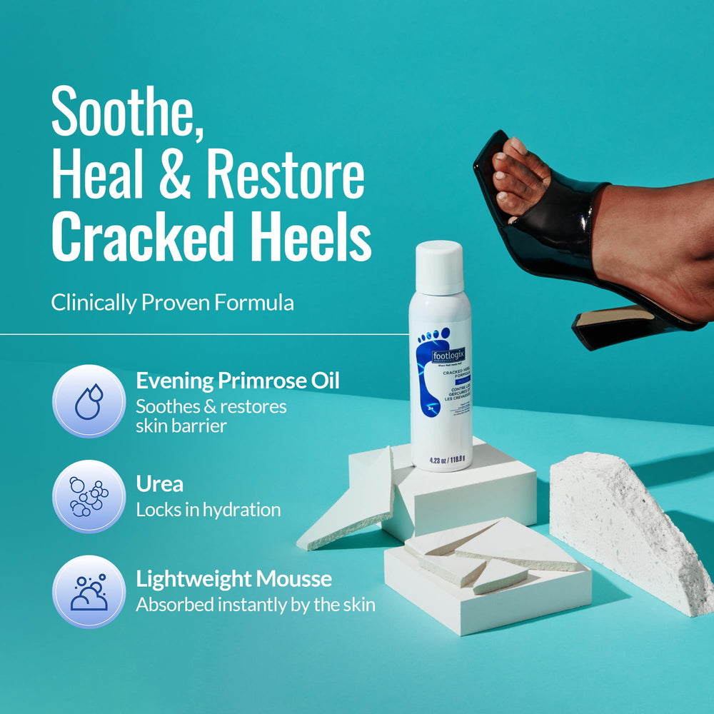 Footlogix envase blanco facilita una aplicación limpia en talones.