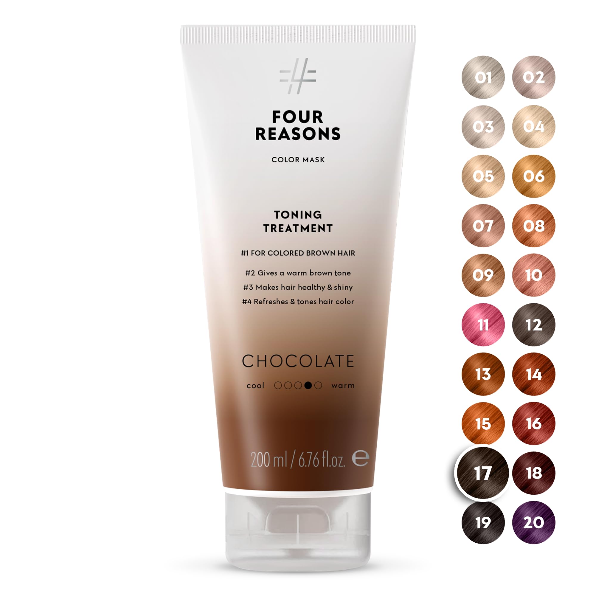 Color Mask Chocolate de Four Reasons, botella derramando, para una aplicación suave y color vibrante.