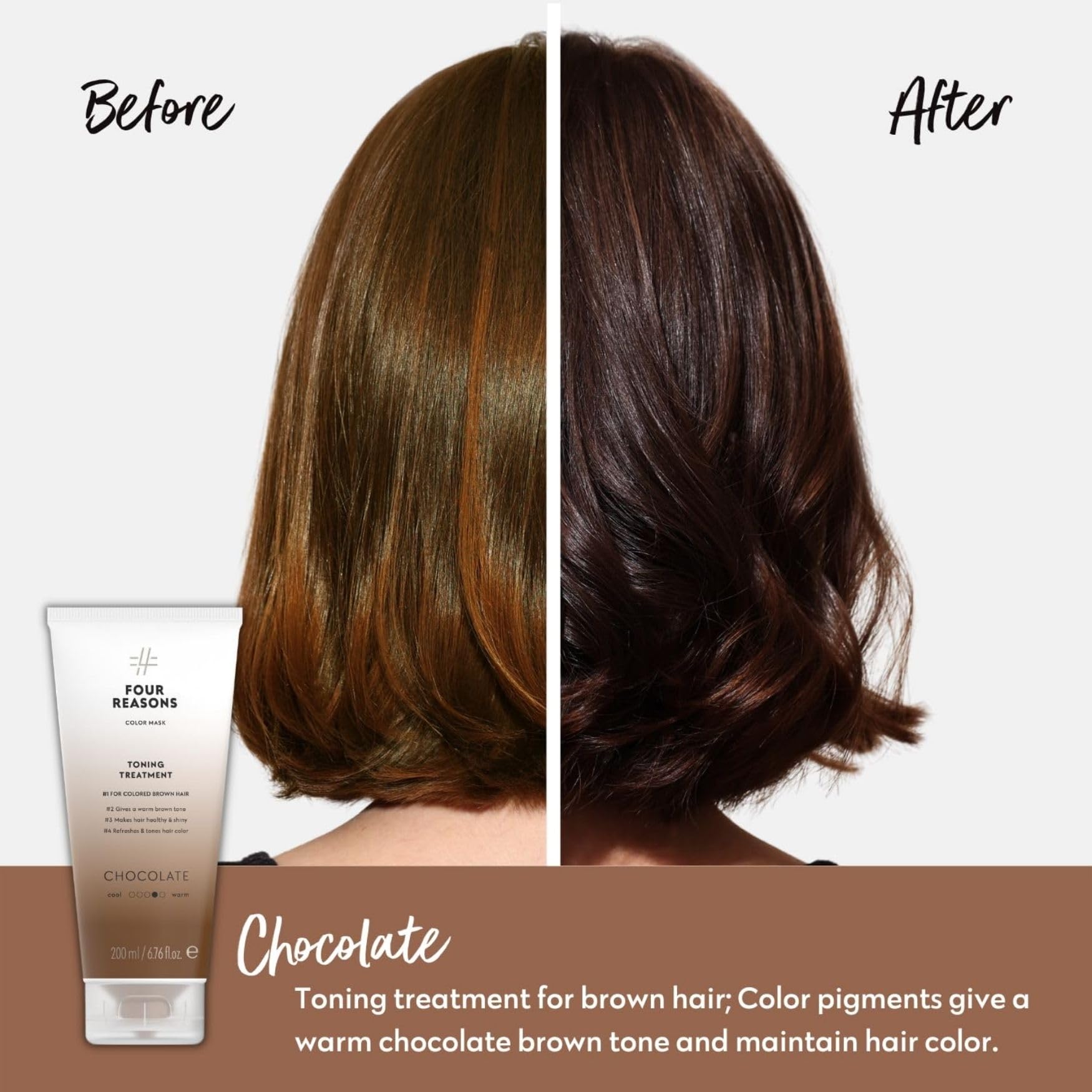 Four Reasons Color Mask Chocolate, pigmento marrón, para tono chocolate duradero en cabello castaño.