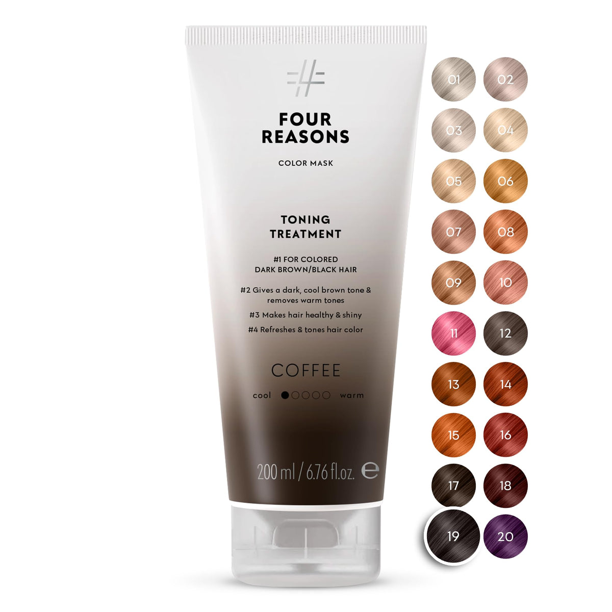 Color Mask Coffee de Four Reasons en envase; color vibrante y cuidado del cabello.