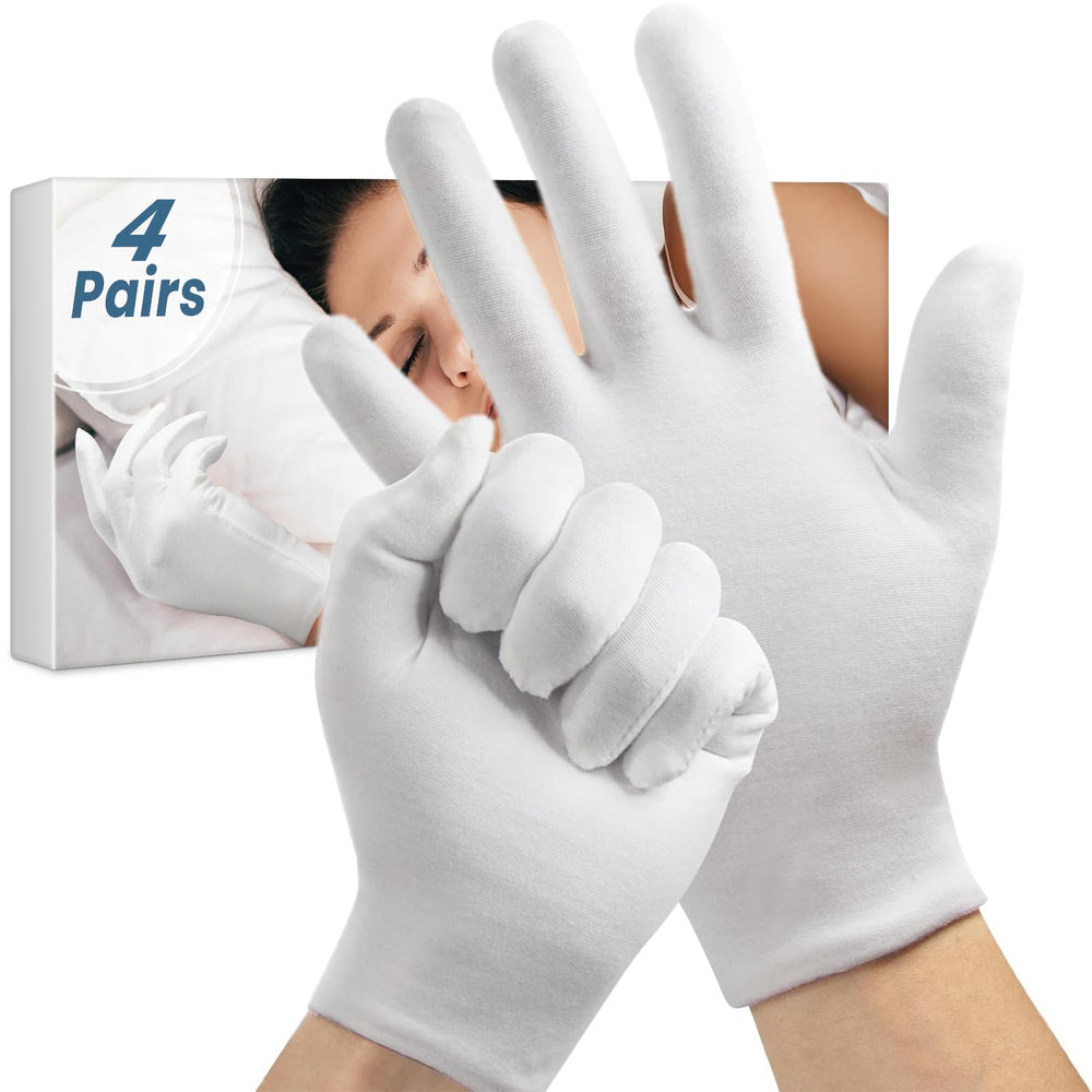 Guantes FourSeas blancos de algodón, 4 pares, ideales para hidratación nocturna de manos.
