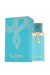 Fragrance World Vulcan Feu: etiqueta de diseño elegante, ideal para ocasiones especiales.
