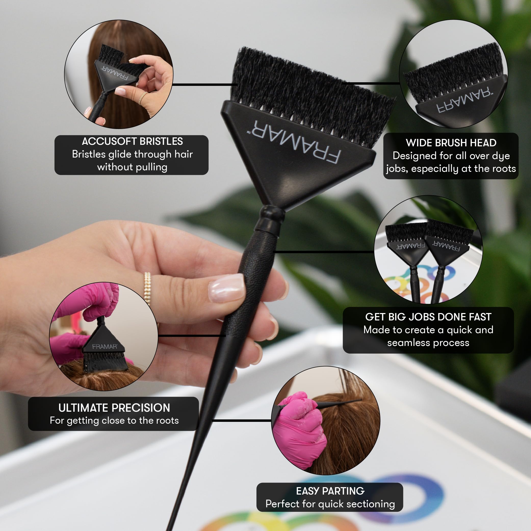 Brochas FRAMAR para coloración profesional con manejo cómodo y control.