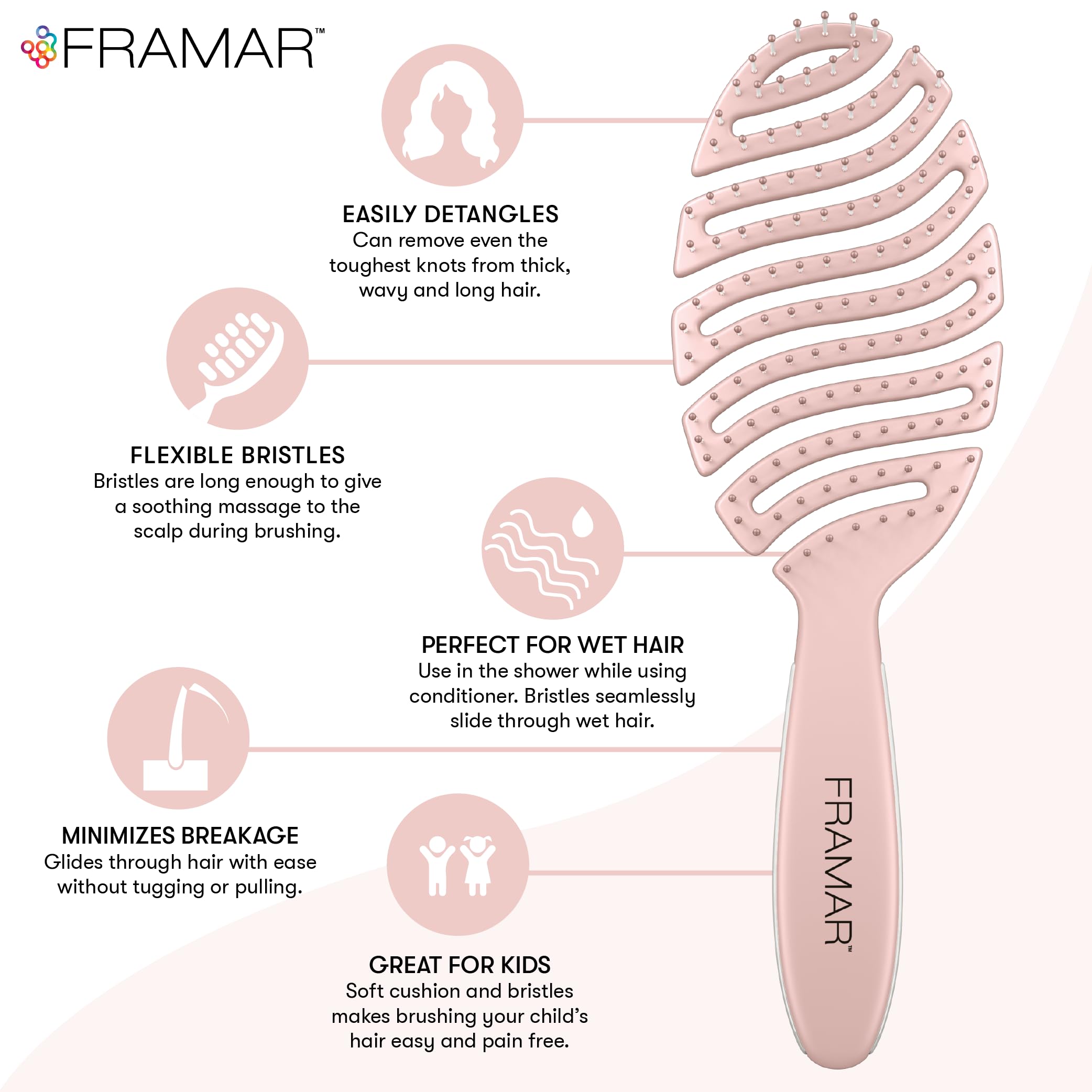 Framar cepillo flexible rosa para desenredar sin dolor y evitar tirones.