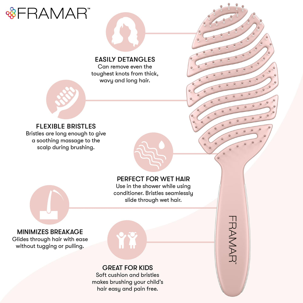 Framar cepillo flexible rosa para desenredar sin dolor y evitar tirones.