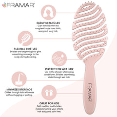 Framar cepillo flexible rosa para desenredar sin dolor y evitar tirones.