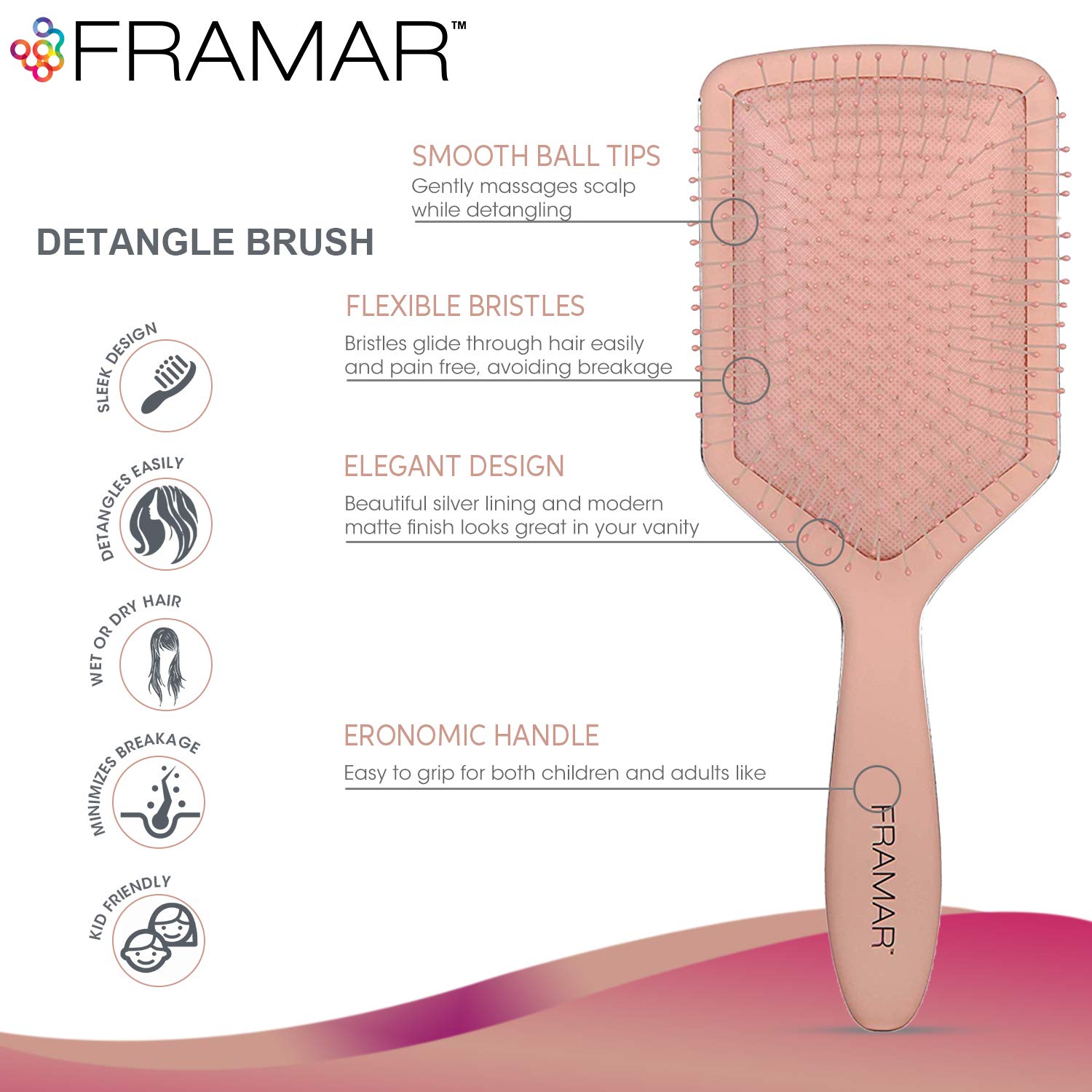 Framar cepillo pala desenredo-nudos: elimina nudos con cerdas flexibles.