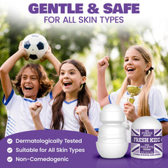 Desodorante rodillo Fresh Kidz con fragancia suave púrpura, aroma agradable y discreto.