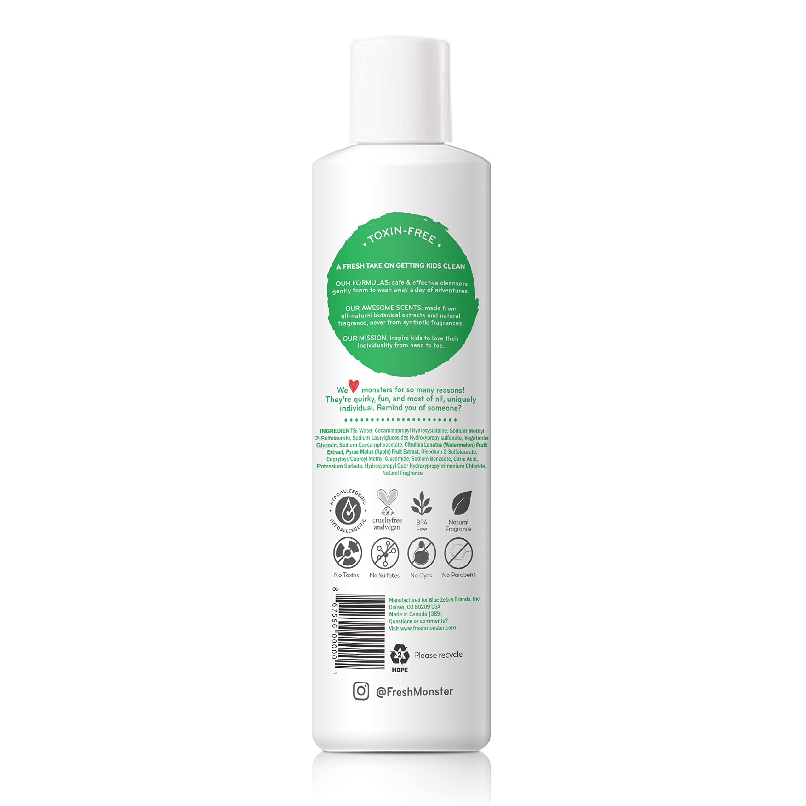 Fresh Monster tear-free kids shampoo bottle helps bath time smiles.