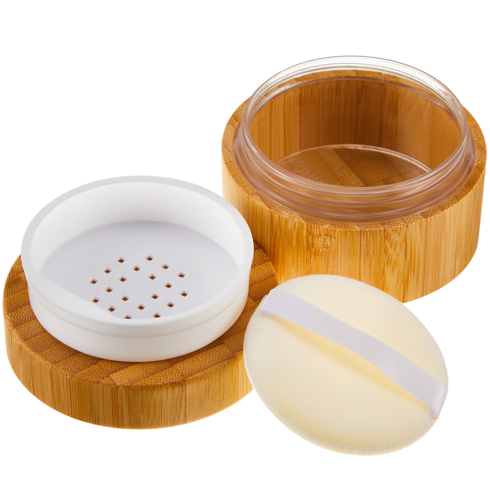 Frienda frasco polvo bambú 50 ml, diseño natural para viaje sin derrames.