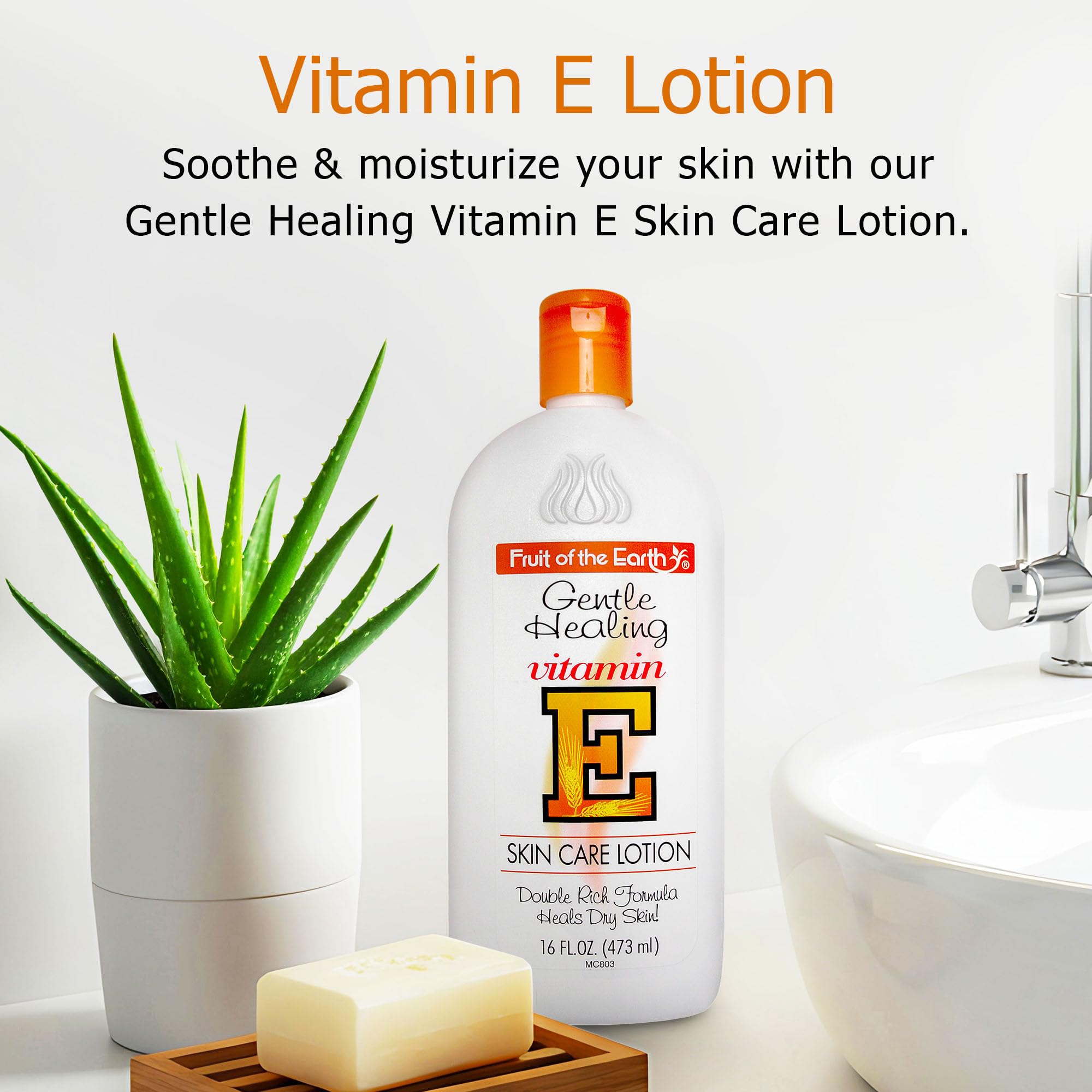 Fruit of the Earth loción vitamina E con fórmula doble para hidratación suave.