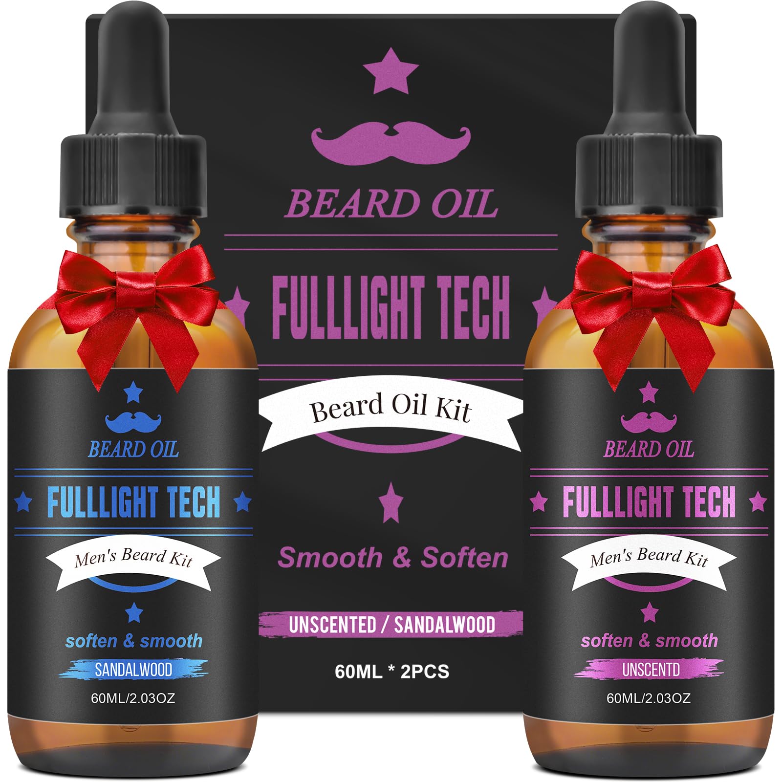 FullLight Tech, aceite para barba con fragancia de sándalo en frasco doble para suavidad y brillo.