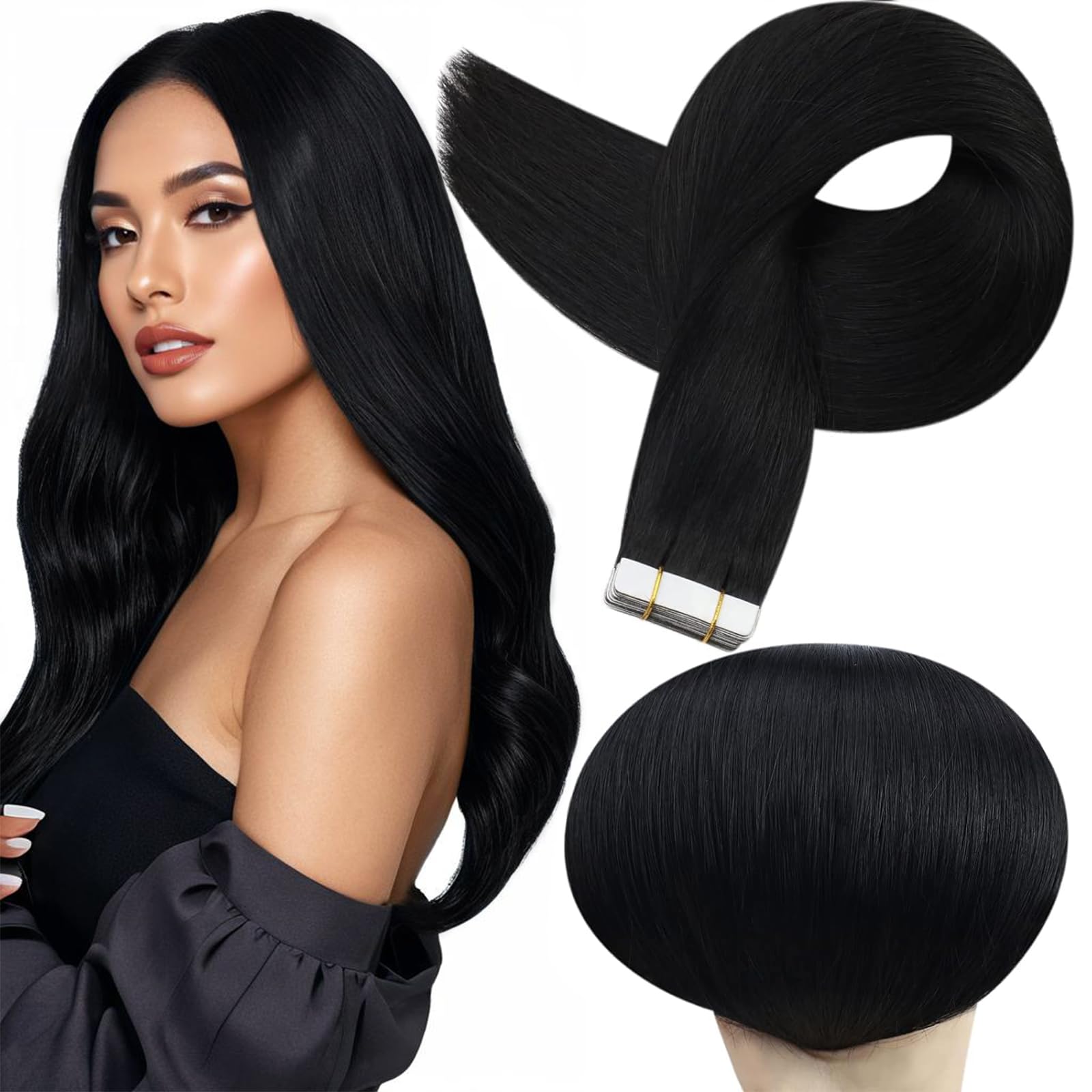 Full Shine: extensión tape-in 20 pulgadas, pelo humano jet negro, mezcla natural.