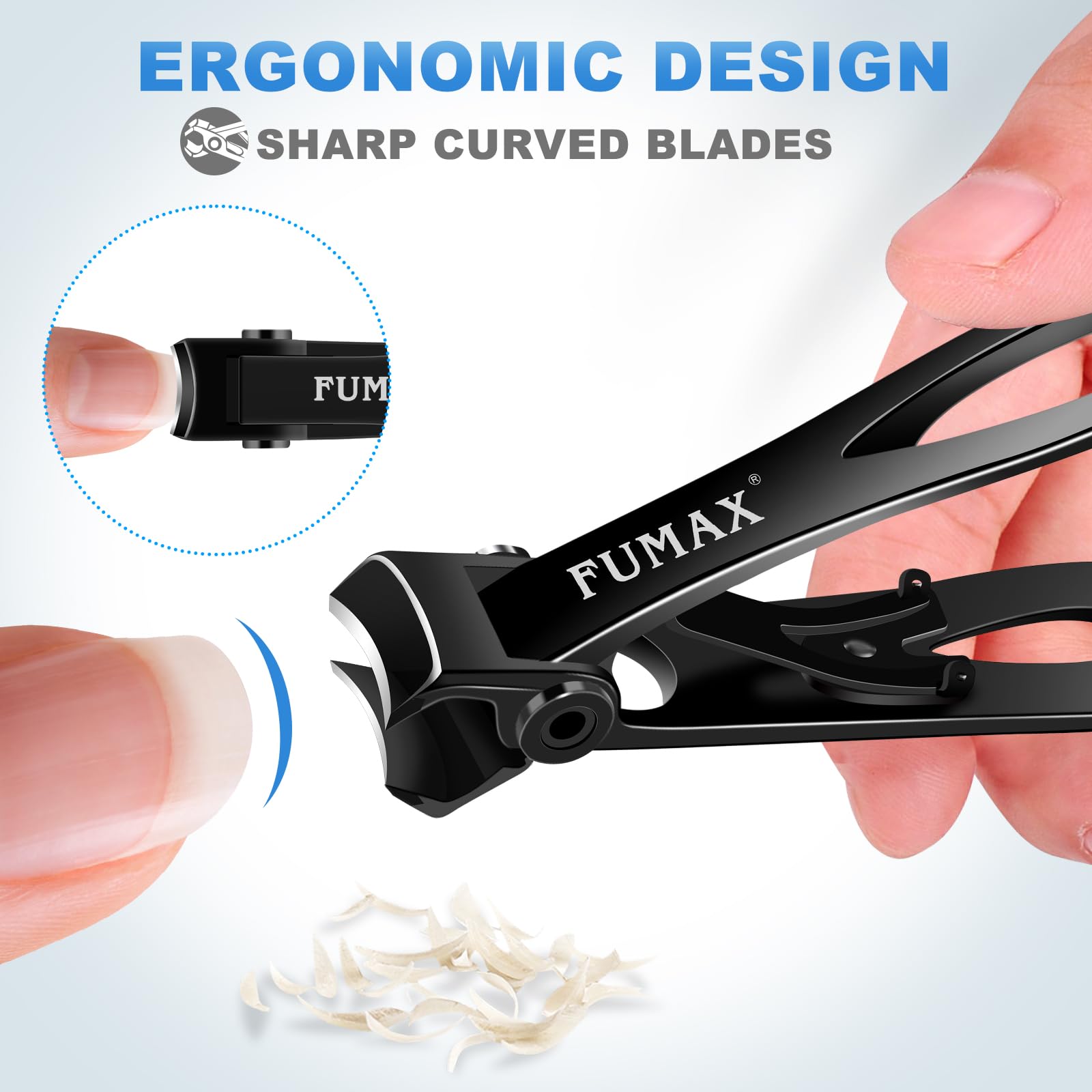 Cortauñas FUMAX con hojas curvas y afiladas para un corte suave.