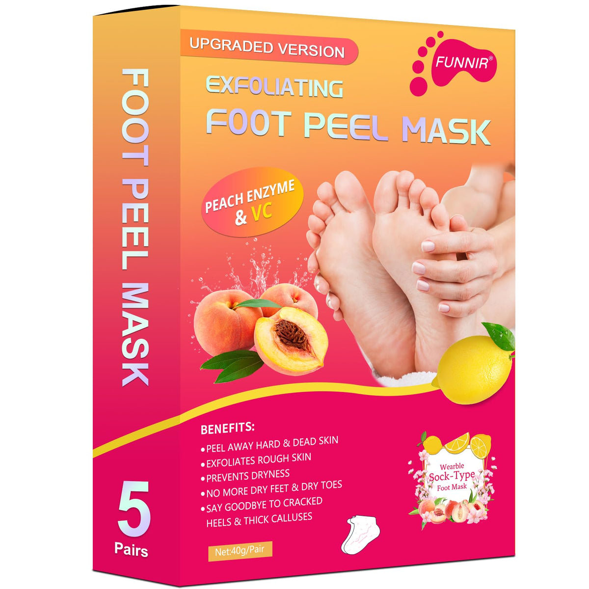 FUNNIR mascarilla exfoliante para pies, empaque visible y uso cómodo para piel suave.