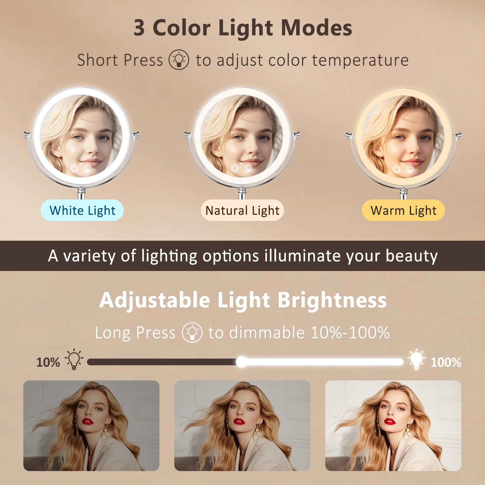 Iluminación de tres colores en Fursourige para maquillajes.