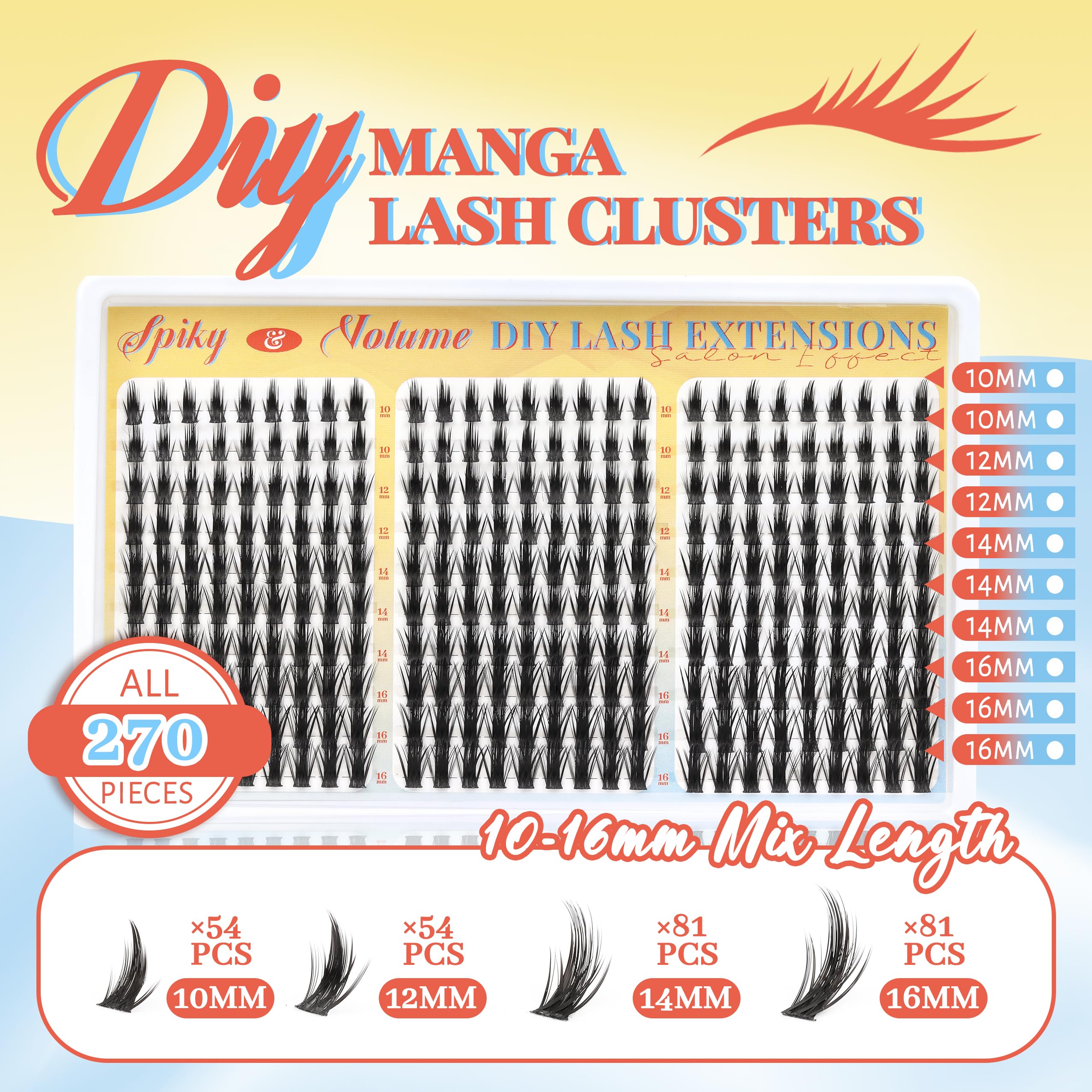 Pestañas Fyonas Manga Lash Clusters D-Curl 10-16mm para ojos más definidos.