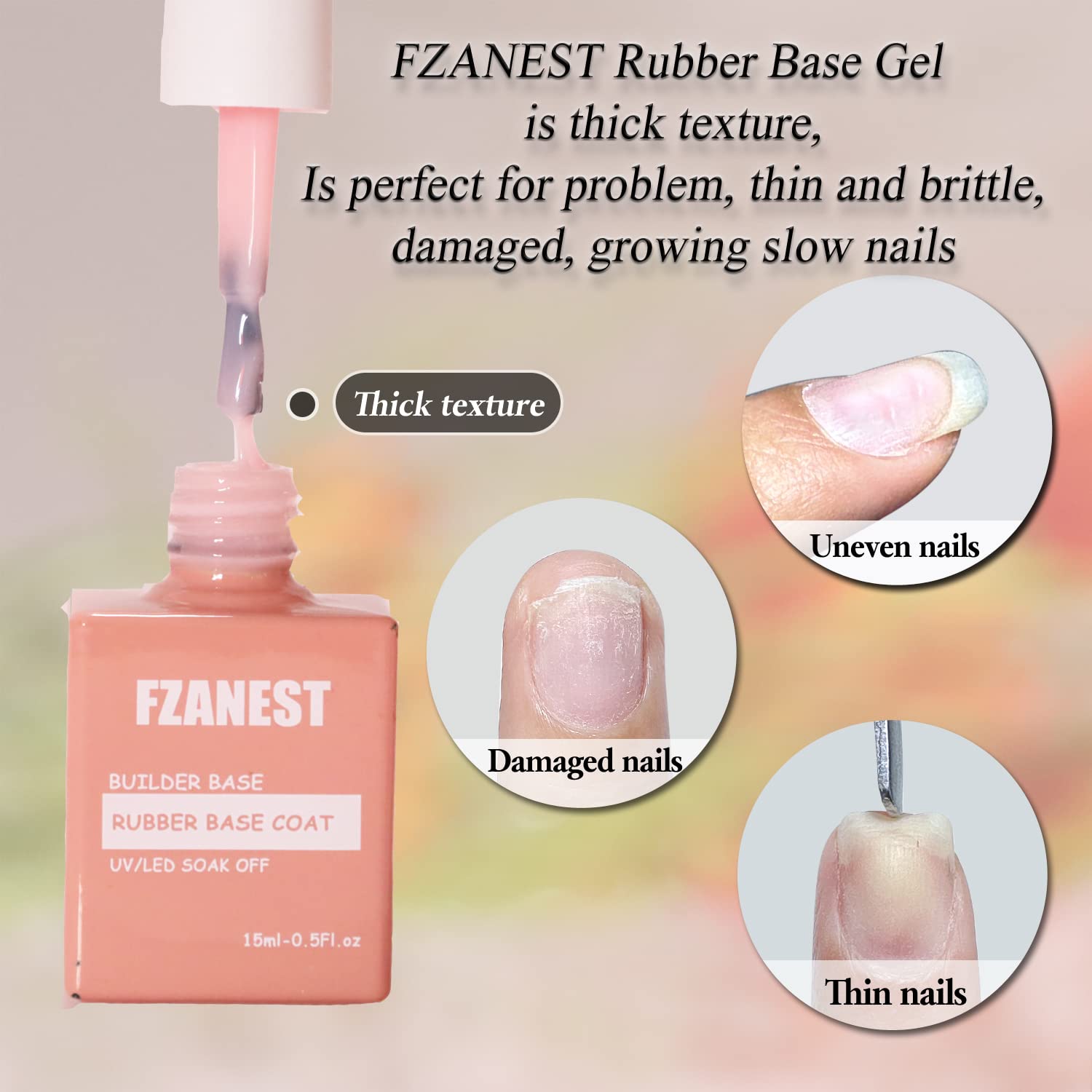 Textura gel base de goma aporta base fuerte para uñas finas y débiles.