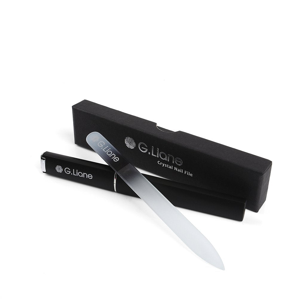 Lima de cristal G.Liane de doble cara con acabado arcoíris negro para uñas naturales y acrílicas.